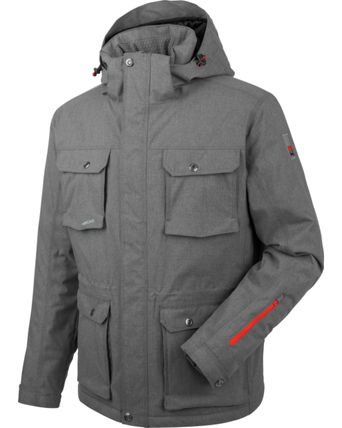 Graue Funktionsjacke, wind- und wasserabweisend sowie warm, mit praktischen Details und Taschen, aus strapazierfähigem Material