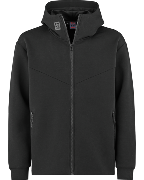 Schwarze Sweatjacke mit praktischem Reißverschluss ausweichem Material in der Vorderansicht